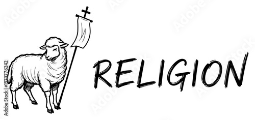 Lamb of God holding christian cross flag with religion text in hand drawn sketch style