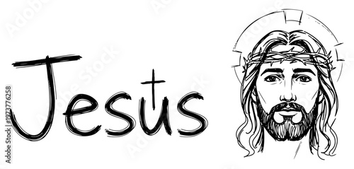 Jesus Christ portrait with crown of thorns and sacred halo in hand drawn sketch style