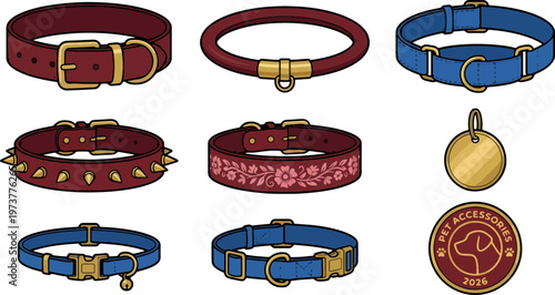 A flat design vector illustration showcasing a diverse collection of colorful dog collars and pet tags, isolated on a clean white background.