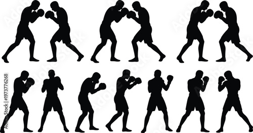 Boxing silhouettes set with fighters sparring punching stances combat sport athletes training action vector illustration collection dynamic poses