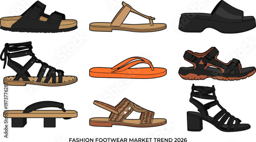 Flat vector illustration showcasing a diverse collection of trendy sandals in various styles and earthy tones on a white background.