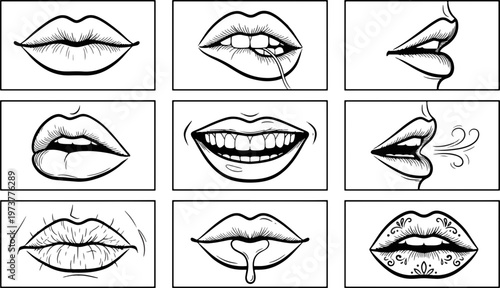 Nine black and white line art illustrations showcasing human lips with diverse expressions and actions, from biting to smiling, on a clean background.
