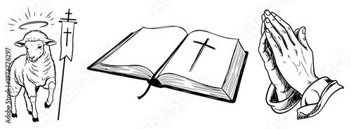 Christian religious symbols featuring lamb of god open holy bible and praying hands in hand drawn sketch style