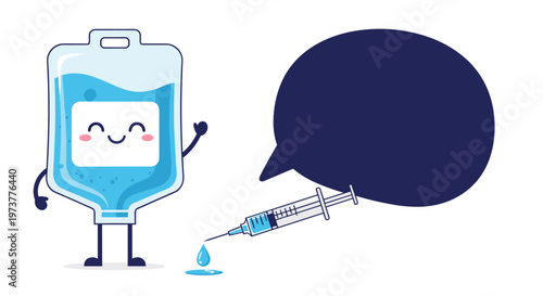 Friendly medical healthcare concept with a happy IV bag character and a syringe next to a blank speech bubble for custom messaging.