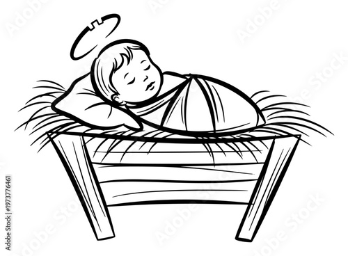 Baby Jesus sleeping in a wooden manger with hay in hand drawn sketch style