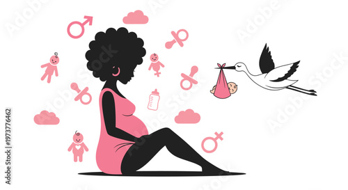 Pregnant woman silhouette sits amidst various baby related icons and a flying stork delivering a new bundle of joy.