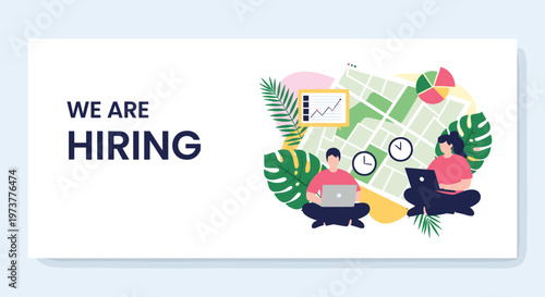 Recruitment banner for hiring new talent shows two employees working on laptops surrounded by tropical leaves.