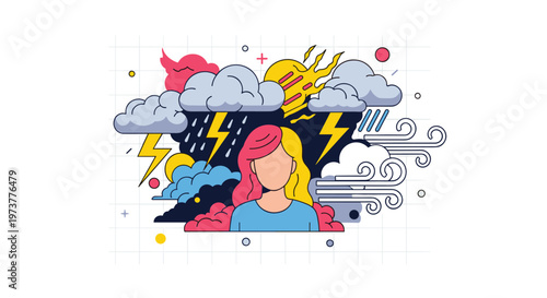 Conceptual illustration depicts a woman's head surrounded by stormy weather icons including rain clouds and wind.