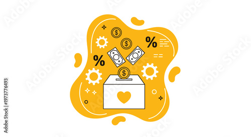 Charity donation box with a heart symbol receives money coins and bills against a bright yellow abstract shape.