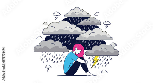 Depressed woman sits curled up in a sad pose beneath heavy dark rain clouds and lightning symbols in this art.