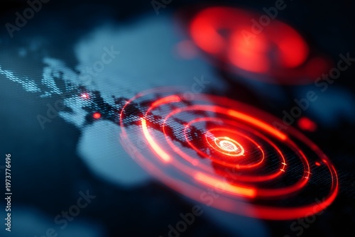 Global security alert concept with glowing red radar circles on a digital world map. Futuristic interface indicating cyber threat detection or emergency tracking