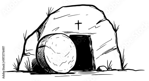Empty tomb of Jesus with rolled stone and cross hand drawn sketch style