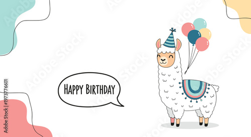 Cheerful llama wearing a party hat holds colorful balloons next to a happy birthday speech bubble illustration.