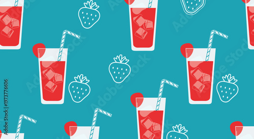 Refreshing summer seamless pattern shows glasses of strawberry juice with ice cubes and straws on a teal field.