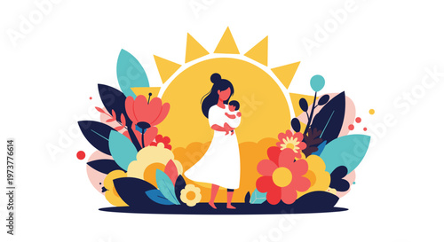 Loving mother embraces her baby in a beautiful garden scene with large flowers and a warm shining sun backdrop.
