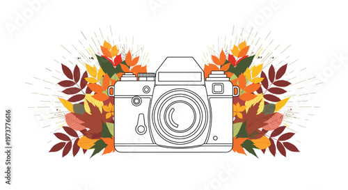 Outline of a vintage photo camera is beautifully framed by a colorful burst of orange and red autumn leaves.