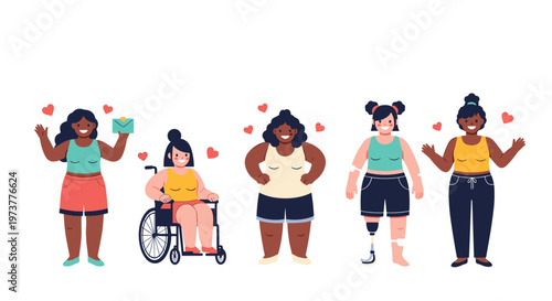 Diverse group of women with different body types and disabilities stand together to promote body positivity.