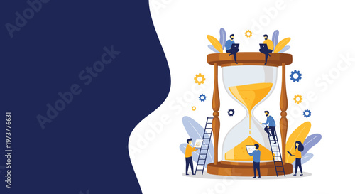 Group of business people working together around a giant hourglass, symbolizing effective time management and meeting project deadlines efficiently.