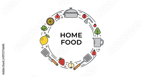 Circular arrangement of kitchen utensils and fresh ingredients with home food text in the center, ideal for cooking blogs or restaurant branding.