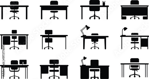 Office desk and chair silhouettes set, workplace furniture icons, modern workspace table designs, business interior vector illustration collection