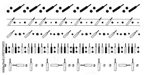 Cricket bats and balls forming repeating sports borders in hand drawn sketch style