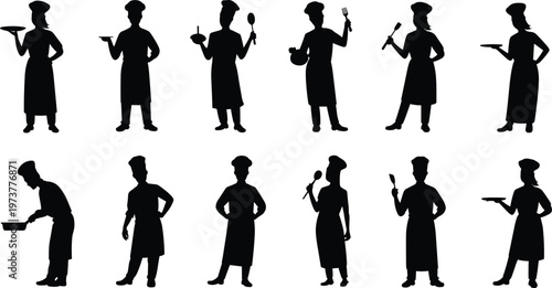 Chef silhouettes set with cooking poses, kitchen staff holding utensils, professional cooks and bakers vector illustration isolated collection