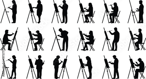 Artist silhouettes painting on canvas, creative people with easels, art studio activity, painters at work vector illustration isolated set