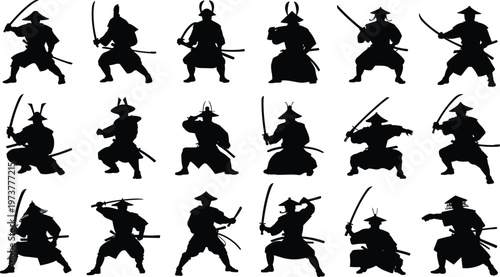 Samurai warrior silhouettes with swords, Japanese fighters in combat poses, traditional armor characters, martial arts vector illustration isolated collection