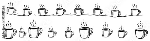 Steaming coffee mugs and tea cups of various sizes in horizontal rows hand drawn sketch style