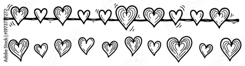 Heart borders and rows for romantic decoration in hand drawn doodle style