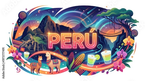 Colorful Peru illustration with Machu Picchu, llamas, and cultural elements