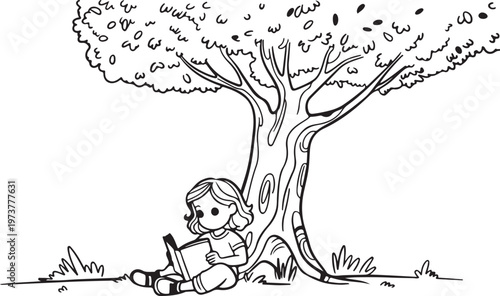 Young girl quietly reading a book under the shade of a large spreading tree