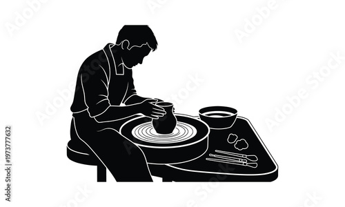 A potter meticulously shaping clay on a pottery wheel in a studio setting