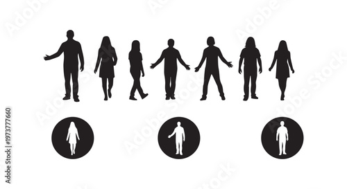 Silhouettes of people and objects illustrating diversity and inclusivity in a minimalist design