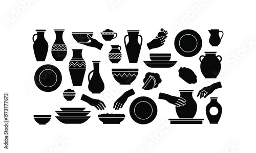 Assorted traditional ceramic pottery and tableware collection illustration