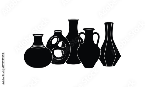Collection of diverse black ceramic vases showcasing various artistic designs and shapes