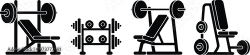 Gym bench press and dumbbell rack silhouettes, fitness equipment icons, strength training tools, bodybuilding workout machines vector illustration set