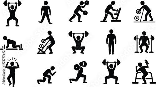 Fitness workout icons silhouettes, weightlifting exercises and gym training poses, strength training activities, bodybuilding and healthy lifestyle vector illustration set