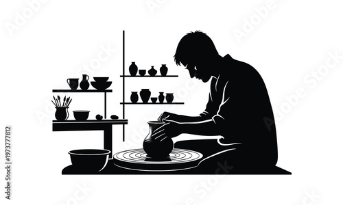 A potter crafting clay on a pottery wheel in a traditional workshop