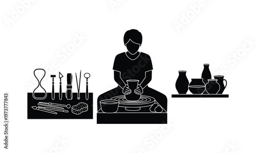 Ceramic artist crafting pottery on a wheel with tools and finished pieces around