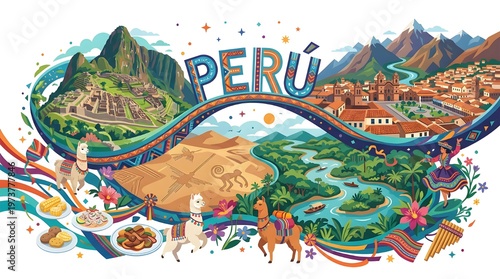 Peru travel landmarks illustration with Machu Picchu, Cusco, and Nazca lines