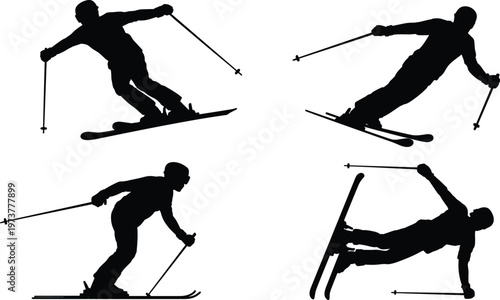Skiing silhouette set, winter sports action collection, skier poses isolated, snow activity icons, extreme sport movement illustration, black figure design