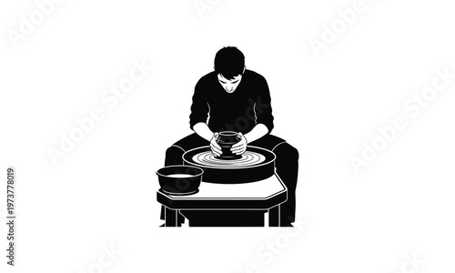 A potter shaping clay on a wheel in a focused artistic endeavor