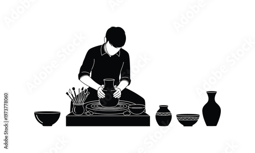 A potter crafting ceramic pieces on a wheel