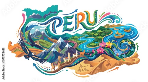Peru map illustration with Andes mountains, Amazon river, and condor