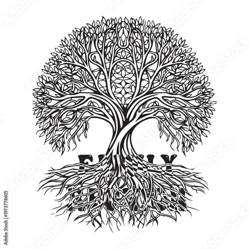 Intricate Family Tree with Detailed Roots and Branches