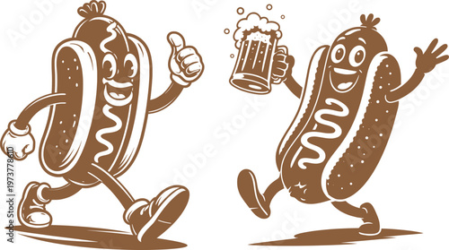 Happy Hot Dog Mascot with Beer Cartoon Party Illustration.