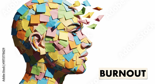 Man's head in profile with puzzle pieces falling apart symbolizing burnout and mental health its illustration only