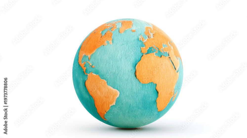 Fototapeta premium Minimalist wooden globe with orange continents on blue oval design