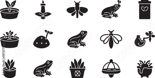 Black silhouettes of gardening and wildlife plants